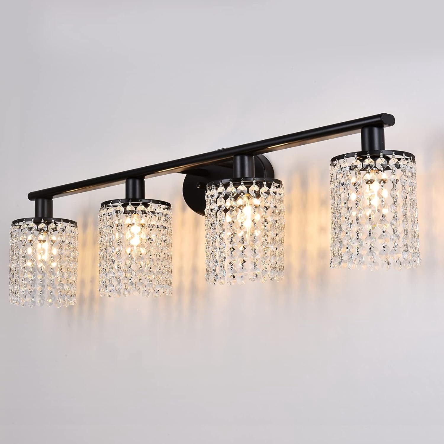 Modern Black Crystal 4-Light Vanity Light, Stylish Home Decor Wall Sconce for Bathroom