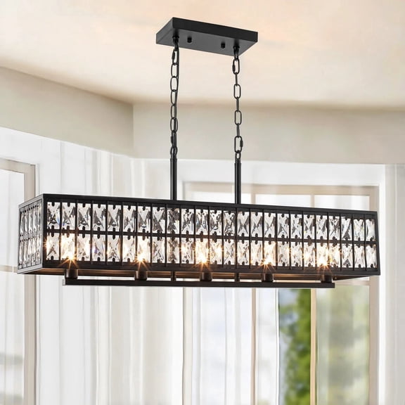 Modern Black Crystal Rectangular Chandelier,5-Light Chandelier for Kitchen Island