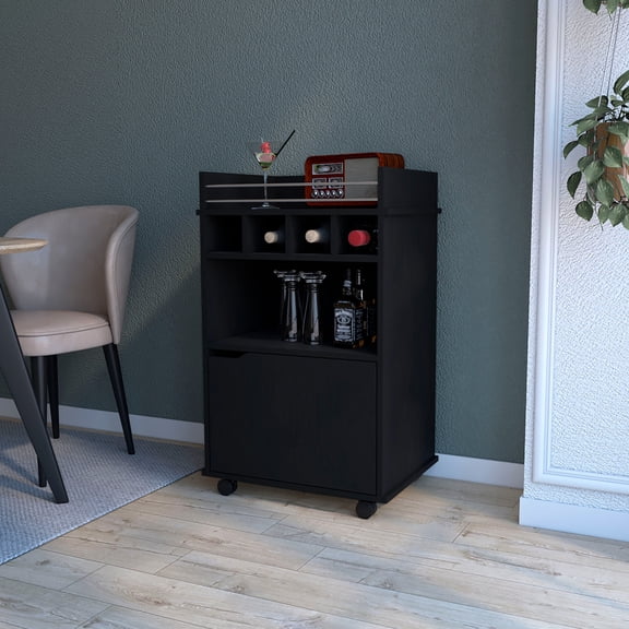 Modern Black Dining Room Cart With Spacious Shelving And Mobility Stylish 1-door Bar Interior For Essentials