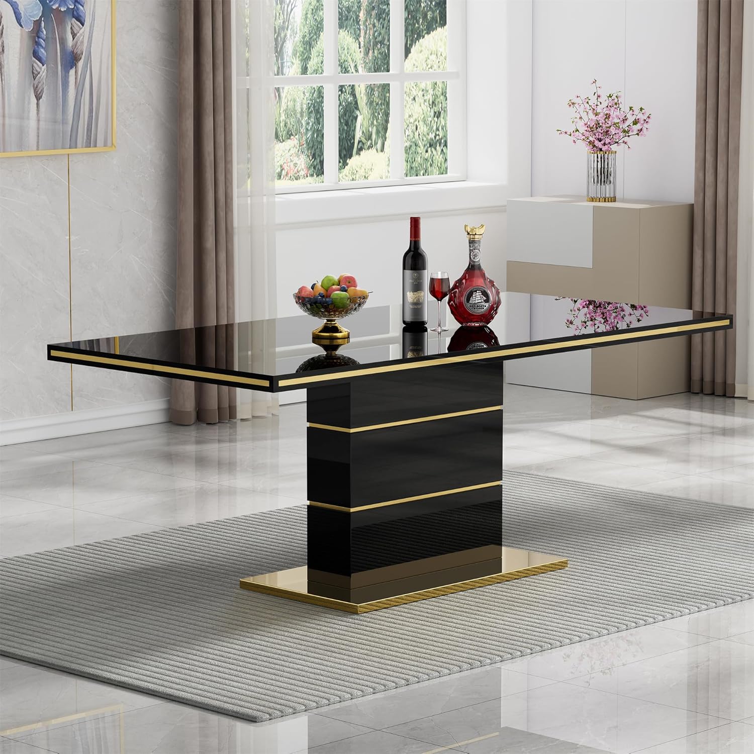 Modern Black Dining Table, 63 Inch Wood Kitchen Table for 4-6 with Gold Stainless Steel Pedestal ...