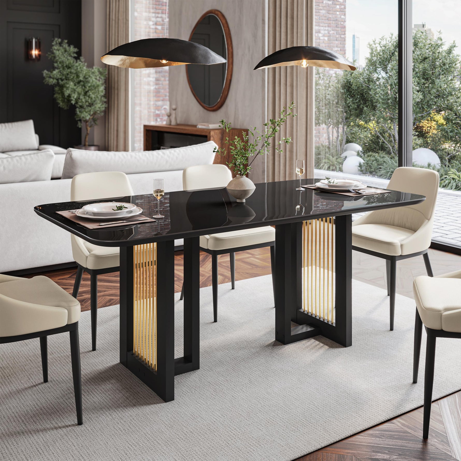 Techni Home Modern Black Dining Table for 6 with Tempered Glass Top and ...