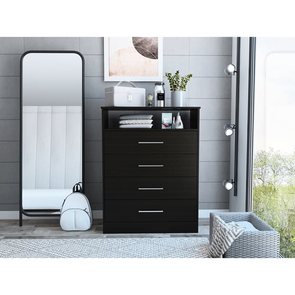 Modern Black Dresser With 4 Drawers And A Shelf For Tidy Bedroom Space 43.2 Inches Tall Organization