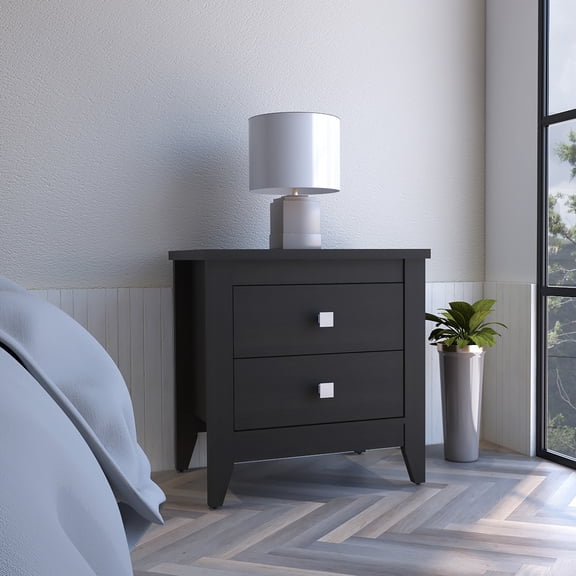 Modern Black End Table. Two Drawer Side Table For Bedroom. Stable And With Quality Design - Black. Shelf Bedroom Nightstand. Compact Practical Smooth Operation