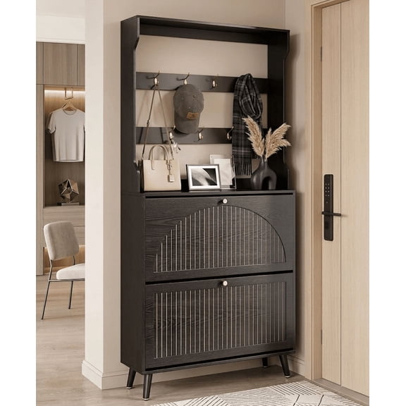 Modern Black Entryway Hall Tree with 2 Flip-Down Shoe Cabinets and Coat Hooks