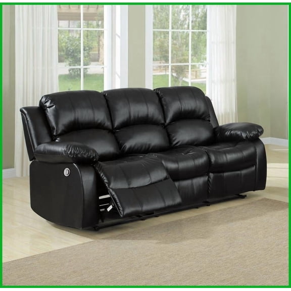 Modern Black Faux Leather Double Reclining Sofa - Solid Wood Frame Living Room Furniture with Plush Comfort