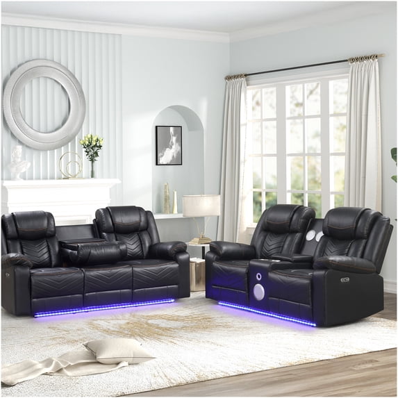 Modern Black Faux Leather Power Recliner Set with Bluetooth Speakers and LED Lighting