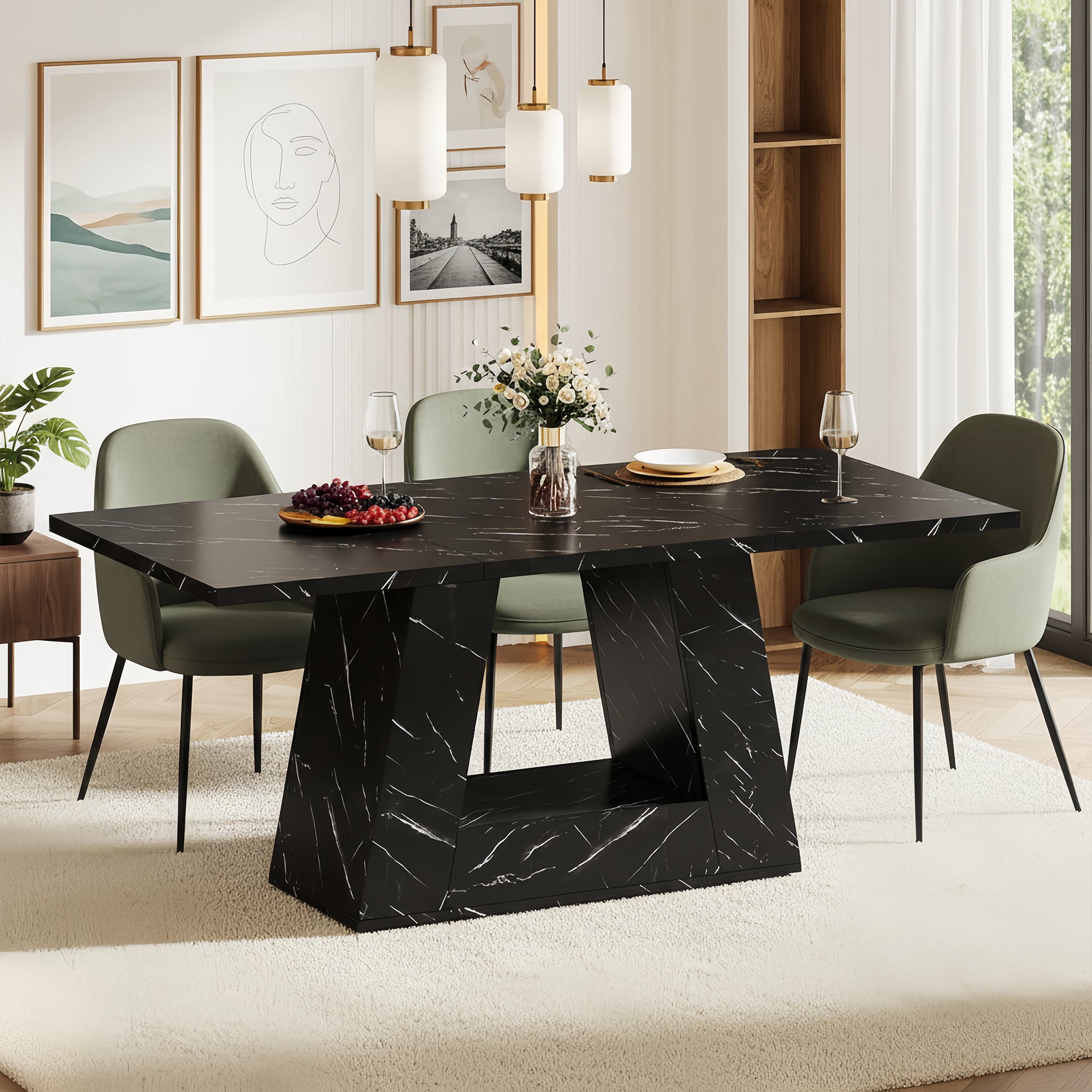 Modern Black Faux Marble Dining Table, 63" Rectangular 4-6 Seater Wood Table with Sturdy Base, Kitchen Living Room Dinner Table