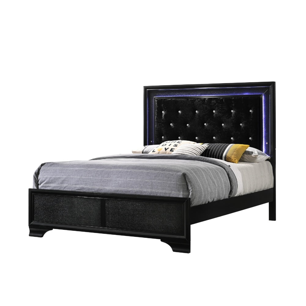 Black Queen Size Upholstered LED Panel Bed with Tufted Headboard