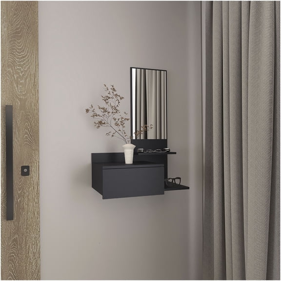 Modern Black Floating Console Table with Mirror and Drawer, 3-Tier Shelf Storage