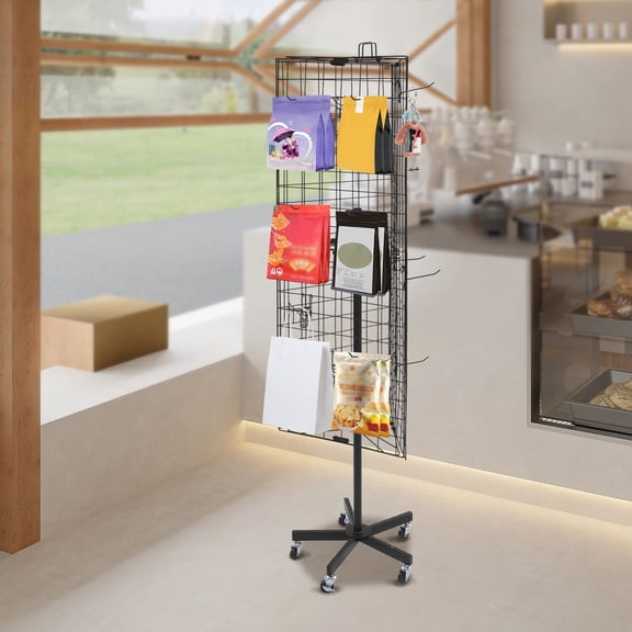 Modern Black Floor Standing Gridwall Display Stand Moveable Triangular Grid Panel w/ Wheels for Homes