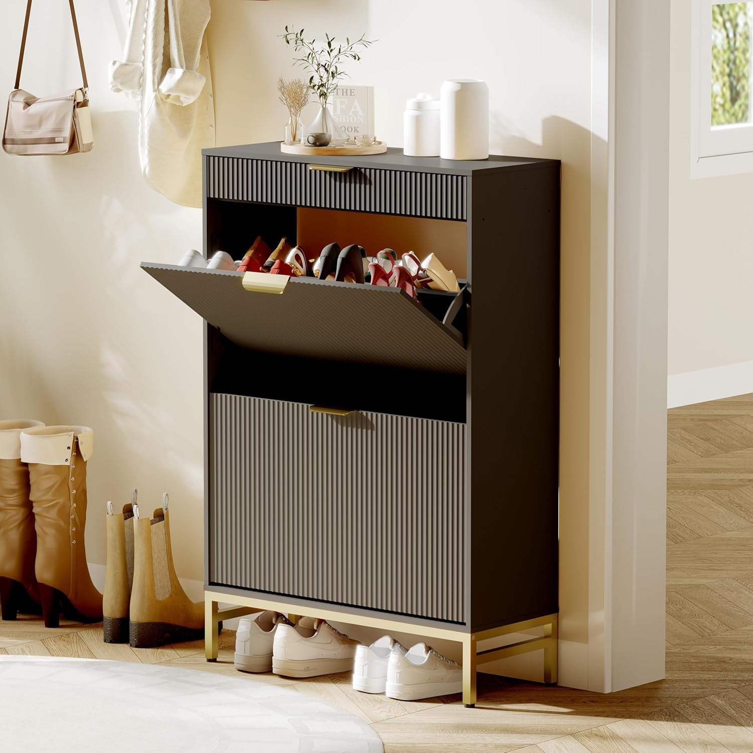 Modern Black Fluted Shoe Storage Cabinet with 2 Flip Drawers & Pull-Out ...
