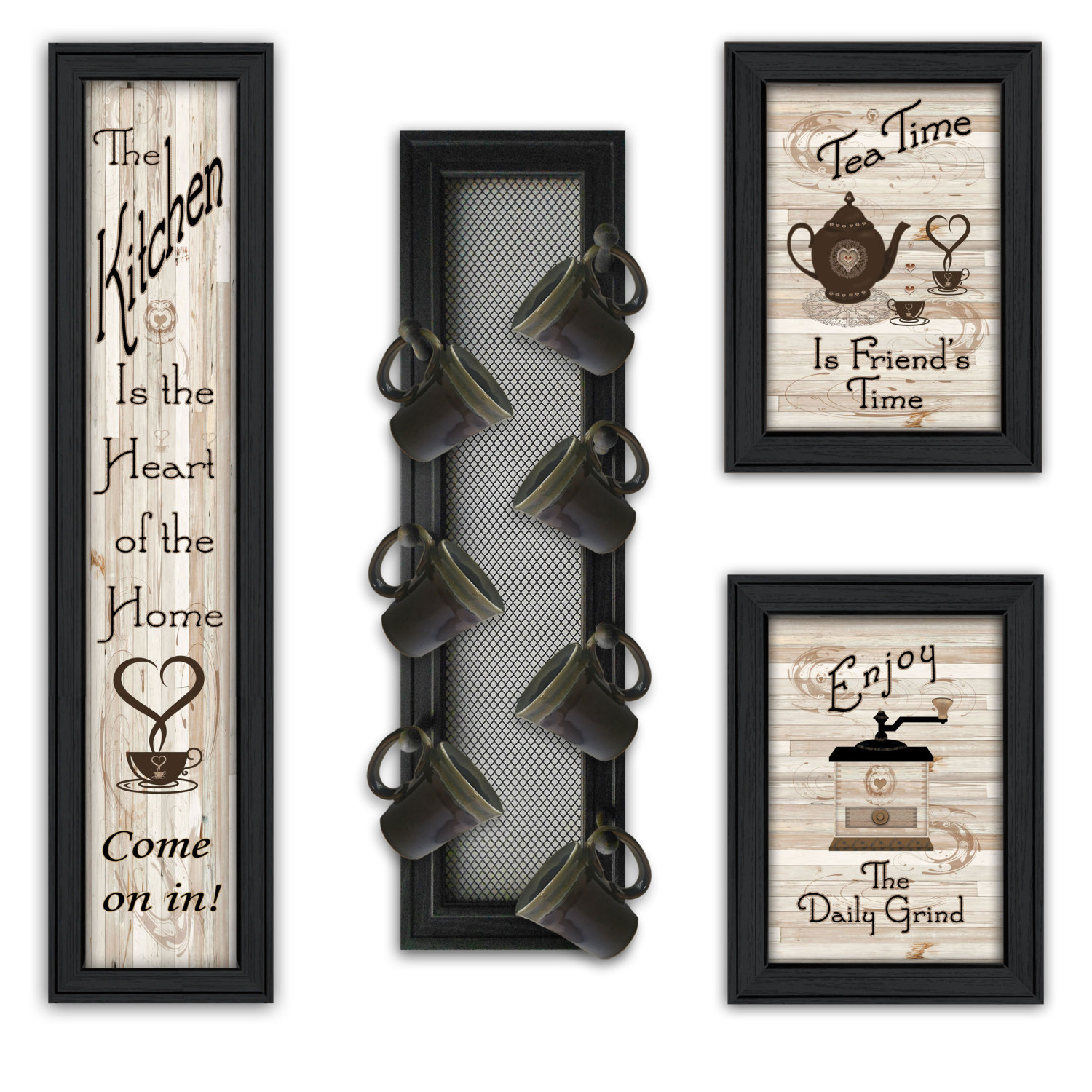 Modern Black Frame PNGCAN ”Kitchen Collection V” 4Piece with 7Peg Mug Rack by
