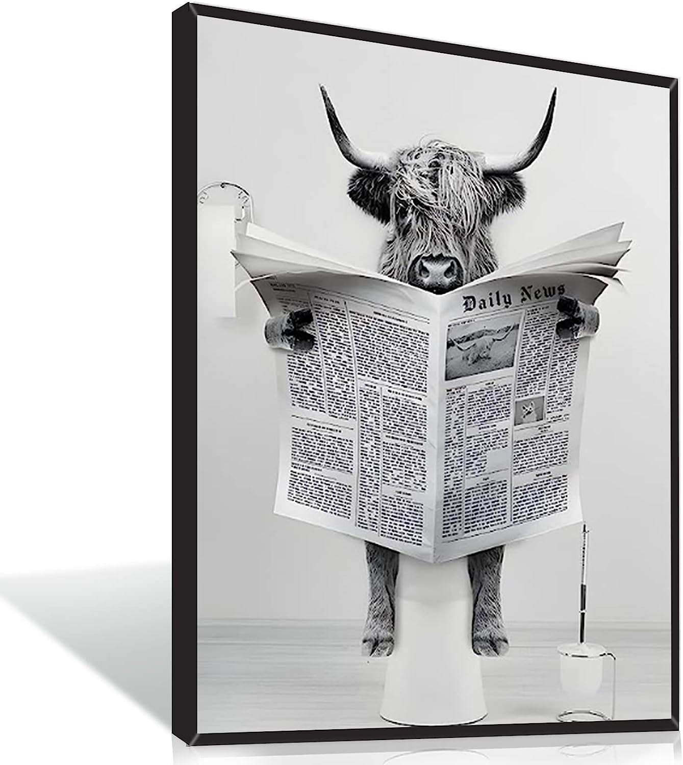 Funny Black and White Highland Cow Bathroom Wall Art, 12”x16”