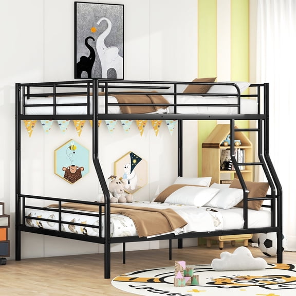 Modern Black Full Xl Over Queen Bunk Bed With Iron Construction For And Teens Metal Bed, Build Durability Space Saving, Bedroom Furniture