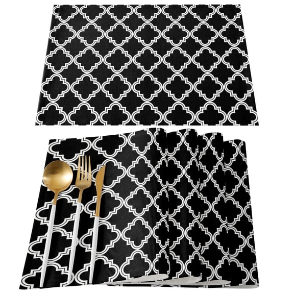 Modern Black Geometric Placemats Set of 4, Abstract Art Morocco Aesthetic Placemats for Dining Table, Place Mats for Kitchen Tabletop, Waterproof Wipeable Dining Table Mats Set