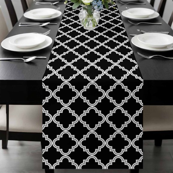 Modern Black Geometric Table Runner 36 Inches Long, Abstract Art Morocco Aesthetic Kitchen Coffee Dining Table Decoration for Home Party Birthday Wedding Home Decor 13x36 Inches