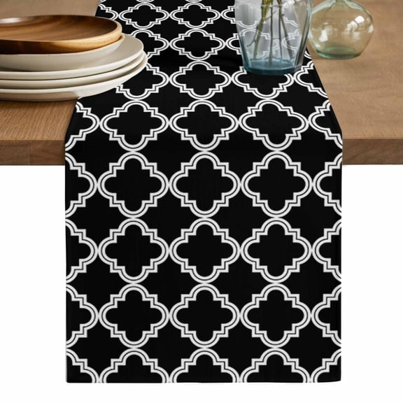 Modern Black Geometric Table Runner, Abstract Art Morocco Aesthetic Washable Cotton Linen Table Runners 36 Inches Long, Dresser Scarf Runner for Nightstand/End Tables/Round Tables 13''x36''