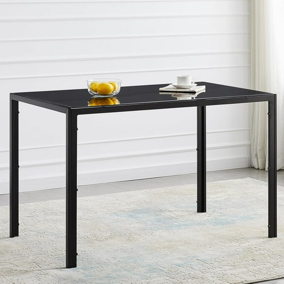 Modern Black Glass Dining Table, 47.2''L x 27.6''W x 29.5''H, 4 Seats, Tempered Glass Tabletop and Metal Frame, Ideal for Small Spaces