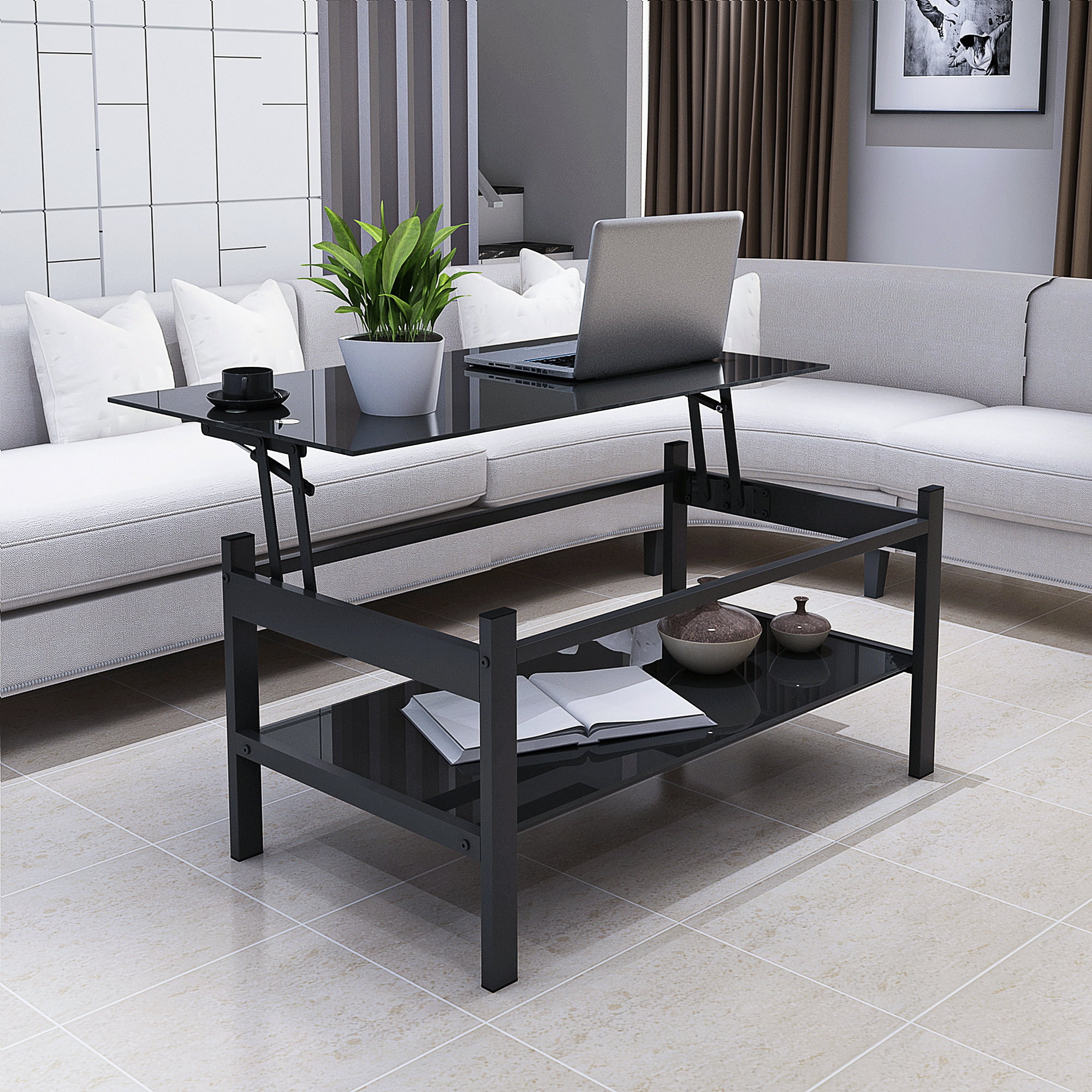 Modern Black Glass Lift Top Coffee Table with Dimensions, Open Storage ...
