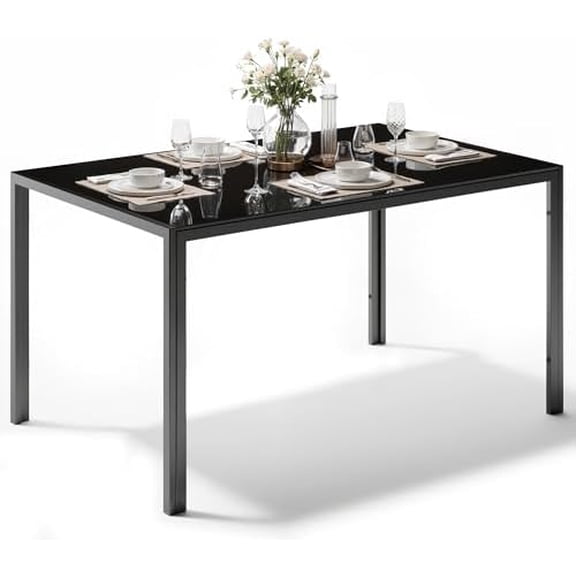 Modern Black Glass Table with Tempered Glass Top, Rectangular Dining Table Set for 4, Space Saving for Apartments & Small Places, 47.25", Black$$Furniture