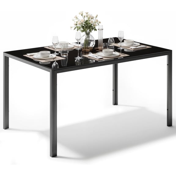 Modern Black Glass Table with Tempered Glass Top, Rectangular Dining Table Set for 4, Space Saving for Apartments & Small Places, 47.25", Black