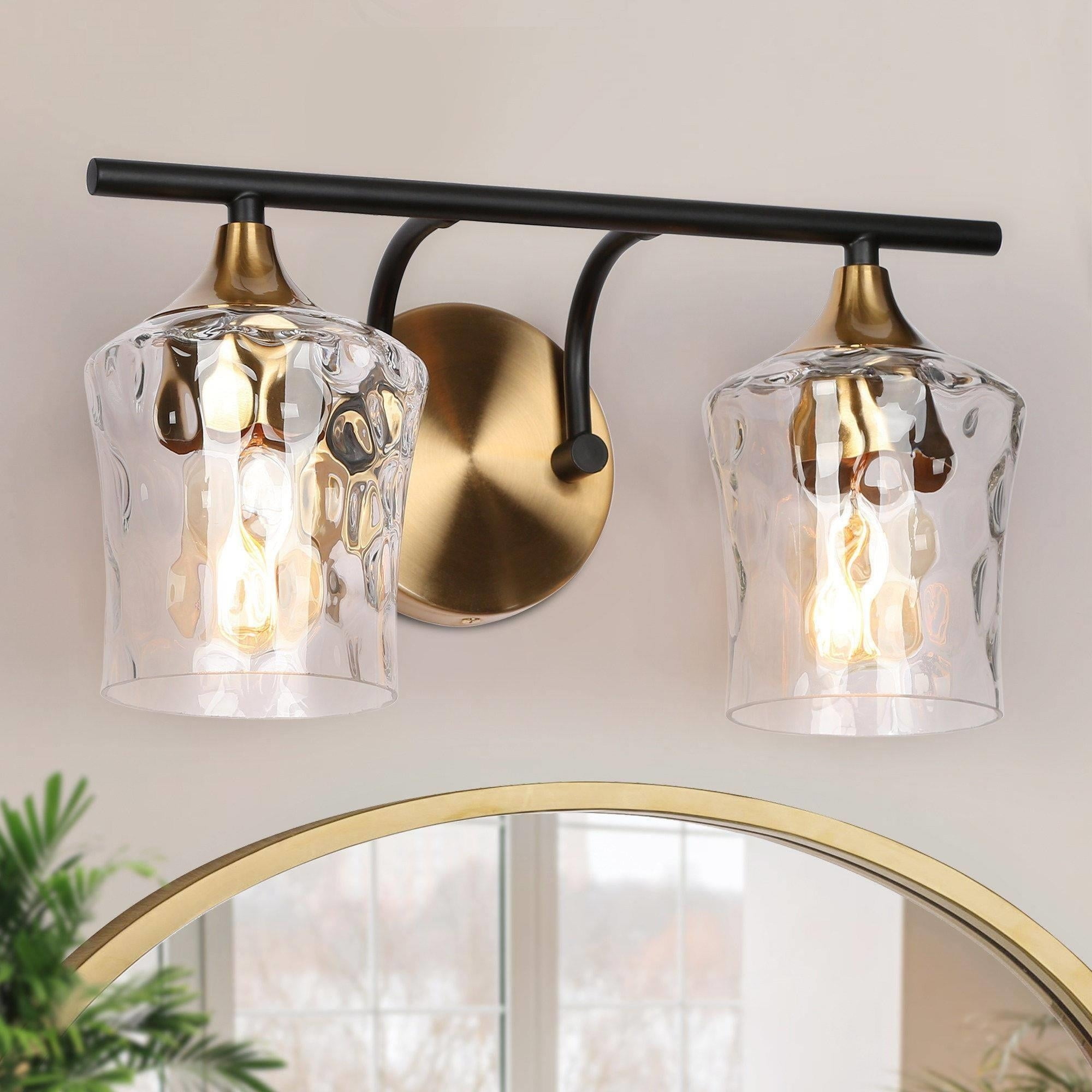 Modern Black Gold Bathroom Vanity Light Hammered Glass Wall Sconces ...