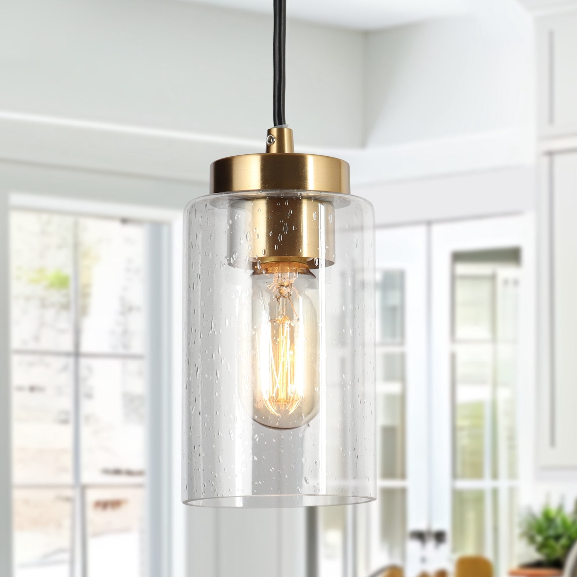 Modern Black Gold Cylindrical 1-Light Seeded Glass Kitchen Lighting ...