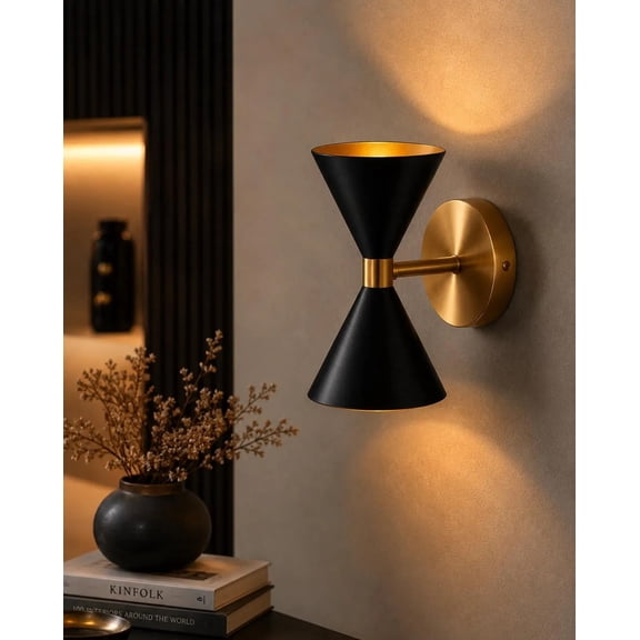 Modern Black Gold Double Cone Wall Sconce, Mid Century Wall Light, Indoor Lighting set of 2