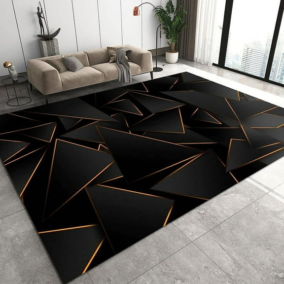 Modern Black Gold Geometric Rugs For Living Room, Luxury Minimalist Art Business Large Area Rug, Low Pile Easy Clean Washable Rug For Office Study Room Bedroom Dining Room Nursery Carpet