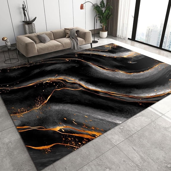 Modern Black And Gold Ink Painting Rugs For Living Room, Luxury Gold Leaf Kids Rugs, Boho Golden Pattern Soft Low Pile Washable Rug For Entrance Dining Room Bedroom Bedside Carpet