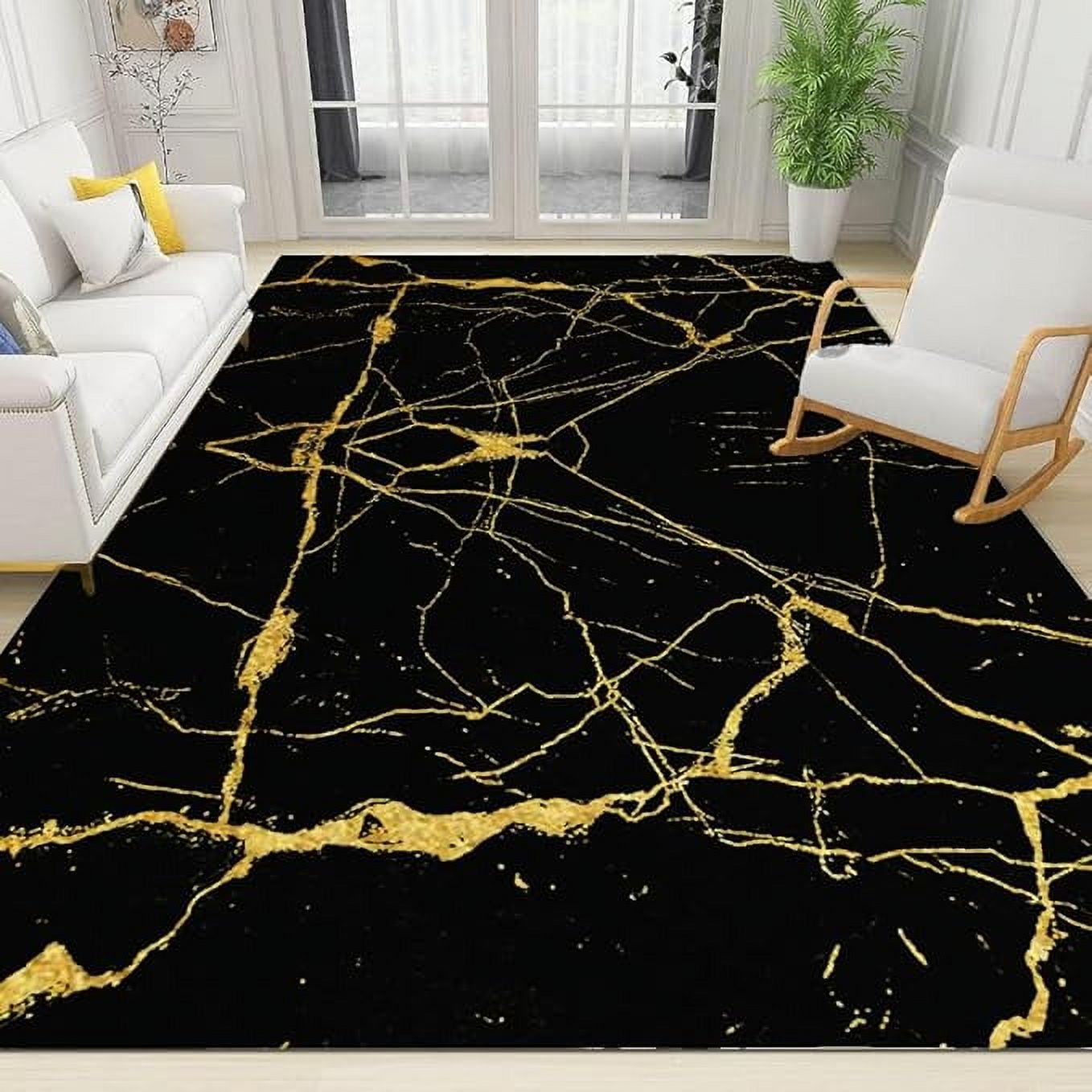 Modern Black Gold Marble Area Rug, Abstract Golden Lines Rug, Indoor ...