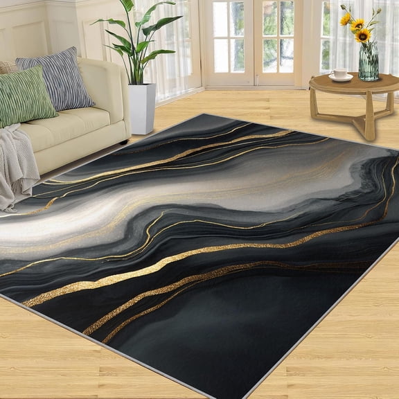 Modern Black Gold Marble Area Rugs, Black Luxury Carpet, Washable Non Slip Low Pile Soft Rug for Living Room Bedroom Dining Room Home Office Decor Mat 2x3ft