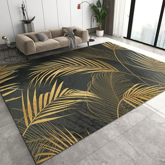 Modern Black Gold Plant Leaf Area Rugs, Vintage Golden Banana Leaf Indoor Rugs, Soft Machine Washable Kids Carpet For Living Room Bedroom Office Dining Room Classroom