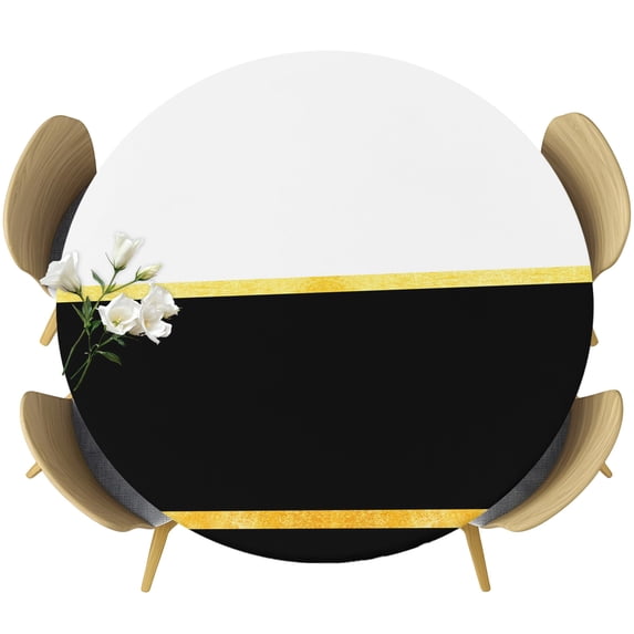 Modern Black Gold Round Tablecloth 36-44 Inch Round Fitted Table Cloth with Elastic Edge, Minimalist Geometric Yellow Striped Waterproof Table Cover Protector for Outdoor Picnic Party Dining