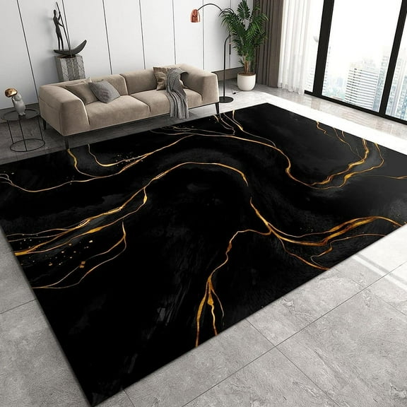 Modern Black And Gold Rugs For Living Room, Luxury Gold Kids Area Rugs, Boho Golden Pattern Soft Low Pile Washable Rug For Dining Room Patio Study Room Bedroom Bedside Carpet