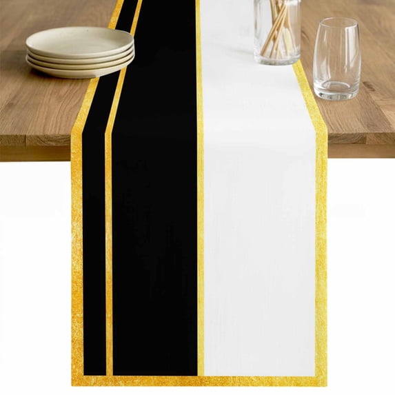 Modern Black Gold Table Runner - 70 Inch Long Minimalist Geometric Yellow Striped Cotton and Linen Blended Dress Scarves Farmhouse Table Runner for Kitchen Dining, Coffee Table, 13" x 70"