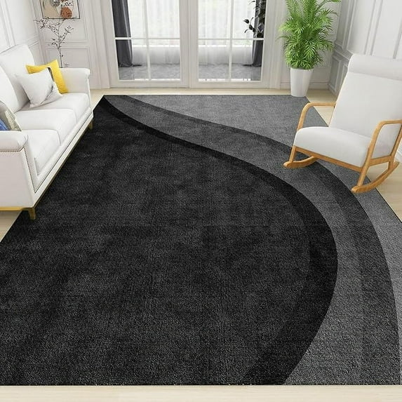 Modern Black Gray Waves Area Rug, Luxury Modern Geometric Pattern Indoor Non-Slip Kids Rugs, Machine Washable Breathable Durable Carpet For Front Entrance Floor Decor 4 x 6ft