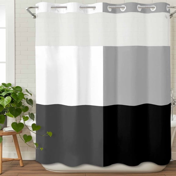 Modern Black Gray White Color Block No Hook Shower Curtain with Snap in Liner Set,Minimalist Square Art Waterproof Fabric Shower Curtains with See Through Top Window for Bathroom,72Wx72L