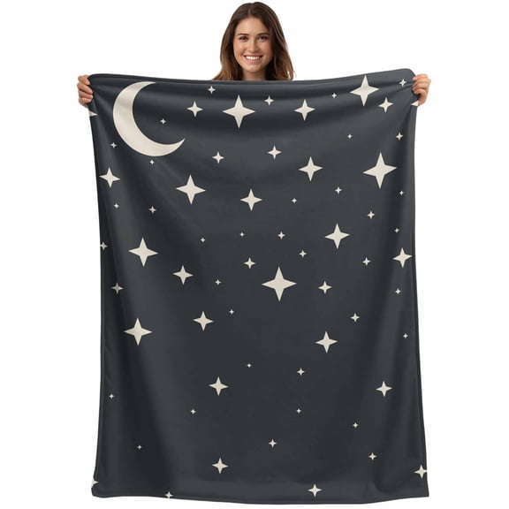 Modern Black Grey Blanket Soft Cozy Warm Throw Blanket for Couch, Plush Fuzzy Flannel Fleece Blankets for Sofa, Japanese Style Moon Stars Minimalism Bed Blankets Lightweight Gifts for Women, 50"x60"