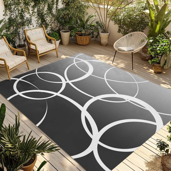 Modern Black Grey Outdoor Rug for Patio/Deck/Porch, Non-Slip Large Area Rug 4 x 6 Ft, Abstract Geometric Lines Textured Indoor Outdoor Rugs Washable Area Rugs, Reversible Camping Rug Carpet Runner