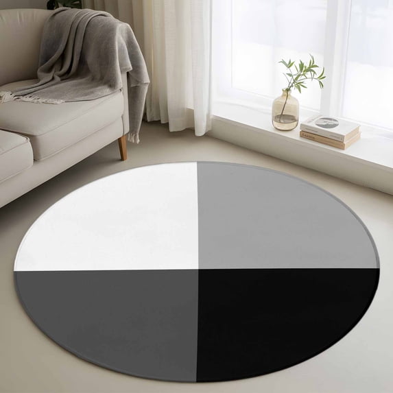 Modern Black Grey Round Area Rug 3.3Ft Washable Circle Rugs for Dining Room Table, Abstract Minimalist Geometric Plaid Non-Slip Carpet Floor Mats Indoor Outdoor Carpet Runner Aesthetic Home Decor