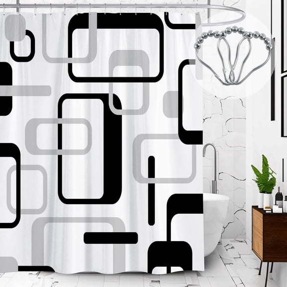 Modern Black Grey Shower Curtain, Grey and White Geometric Fabric Shower Curtains Set, Waterproof Shower Curtains for Bathroom,72 x 72 inch