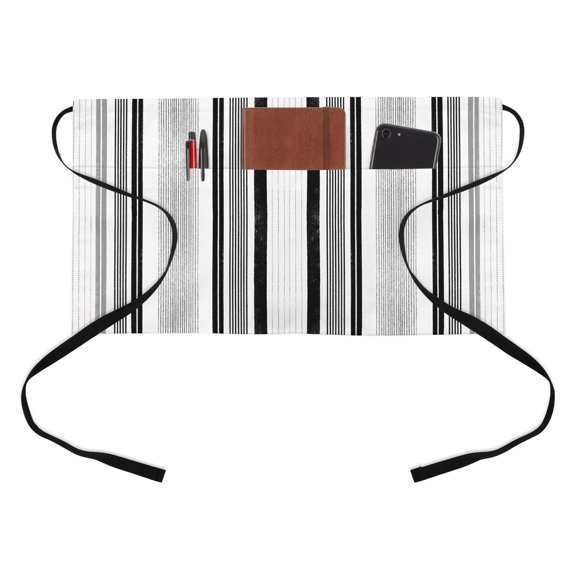 Modern Black and Grey Stripe Kitchen Restaurant Half Waist Apron, Minimalist Trend Vertical Stripes Server Short Apron with 3 Pockets Waterproof Oil Waist Aprons for Women Waitress Waiter