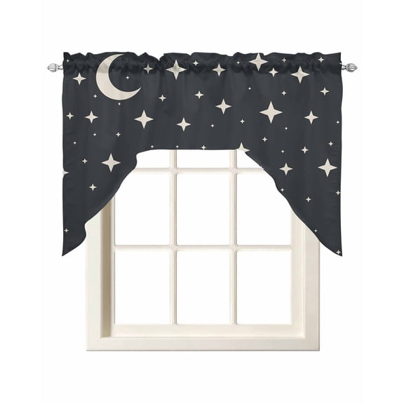 Modern Black Grey Swag Valances for Windows, Small Curtains Drapes, Japanese Style Moon Stars Minimalism Kitchen Window Curtains Over Sink Window Treatment Valance for Bedroom/Bathroom 56"x36"