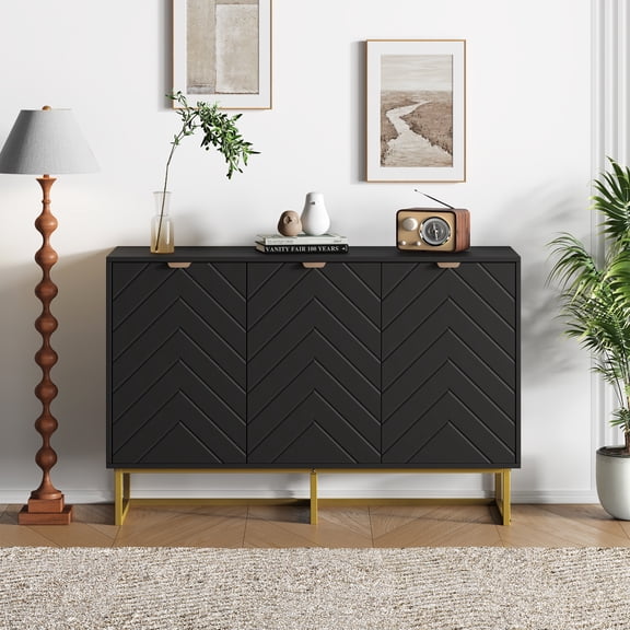 Modern Black Herringbone Sideboard Buffet Cabinet – Adjustable Shelves – Wood Storage Console Table – For Dining Room, Living Room, Entryway – 3 Doors, Color: Black