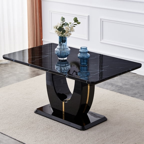 Modern Black Imitation Marble Dining Table, Rectangular MDF Table for Office, Gaming, and Home, 63"x37"x30", Contemporary Simple Luxury Table