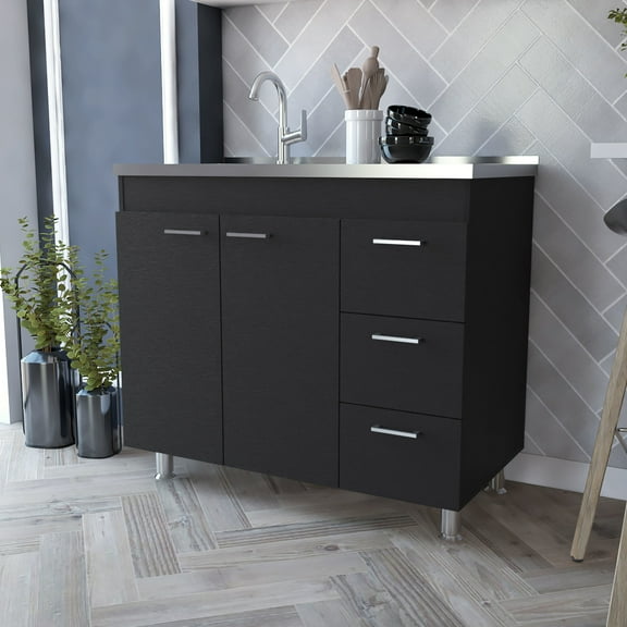 Modern Black Kitchen Cabinet With Three Drawers And Stainless Steel Finish For Kitchen, Extraordinary Storage