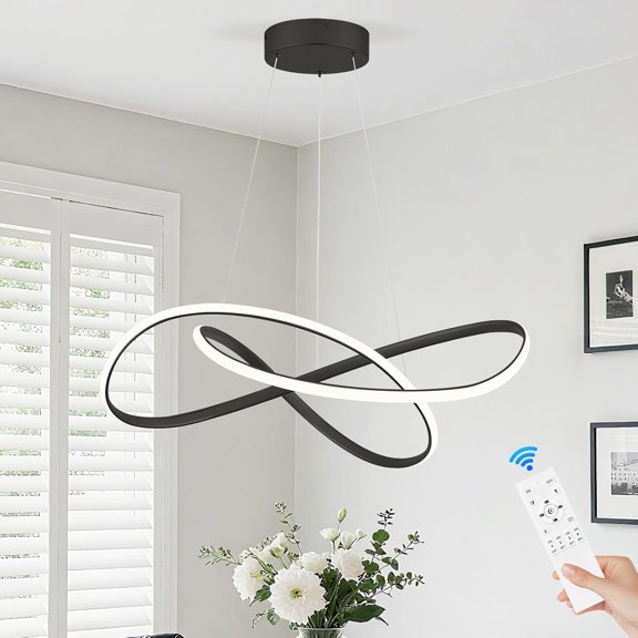 Modern Black LED Chandelier for Kitchen Island Dining Room, Dimmable Contemporary Ring Chandelier High Ceiling with Remote Control for Dining Room Living Room Entryway