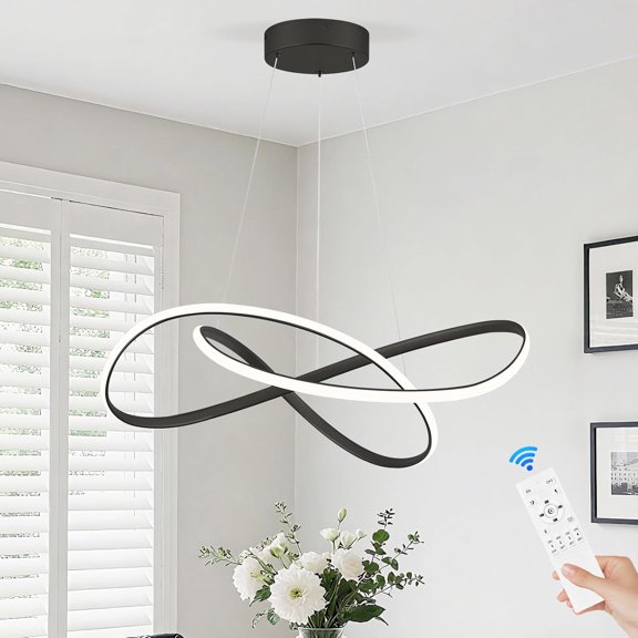 Modern Black LED Chandelier for Kitchen Island Dining Room, Dimmable Contemporary Ring Chandelier High Ceiling with Remote Control for Dining Room Living Room Entryway