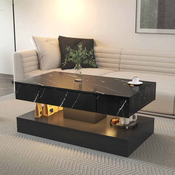 Modern Black LED Coffee Table 16.93"H, Large 39" Living Room Furniture with RGB Remote & Drawer Storage, Particle Board & MDF, Contemporary Accent Piece for Home Decor